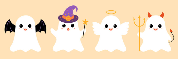 Cute funny ghosts collection. Set of fashionable and modern halloween characters in costumes of a bat, angel, imp, magician. Children flat vector holiday illustration for banner, postcard, stickers.