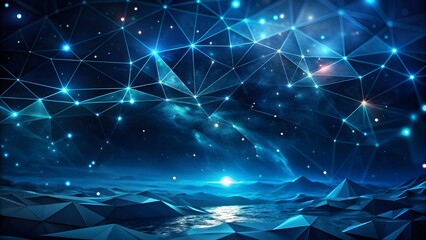 Abstract wave shape on a low-polygonal triangular background for design on the topic of big data, metaverse, network security, and data transfer on dark blue abstract modern cyberspace background