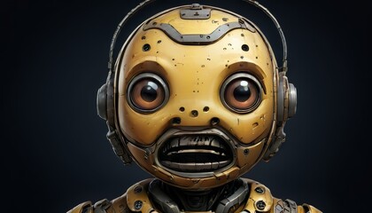 A detailed 3D illustration of an expressive gold robotic character with large eyes and headphones. The robot. AI Generation
