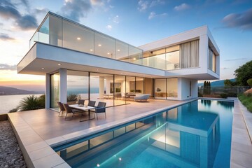 Modern villa with an infinity pool, large terrace, and panoramic glass doors, designed against a clean white backdrop, first-person perspective