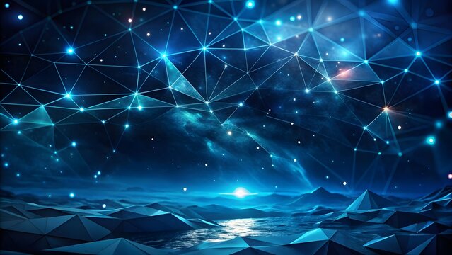 Abstract wave shape on a low-polygonal triangular background for design on the topic of big data, metaverse, network security, and data transfer on dark blue abstract modern cyberspace background