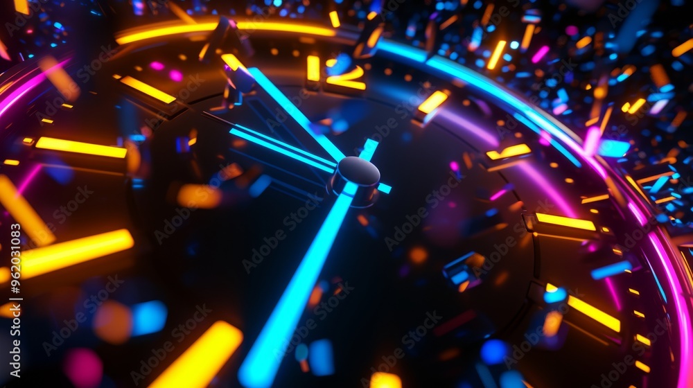 Poster a vibrant abstract clock with neon lights, showcasing a dynamic close-up of glowing hour and minute 