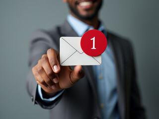 Professional man holding a notification envelope with a red circle displaying a number in a modern office setting