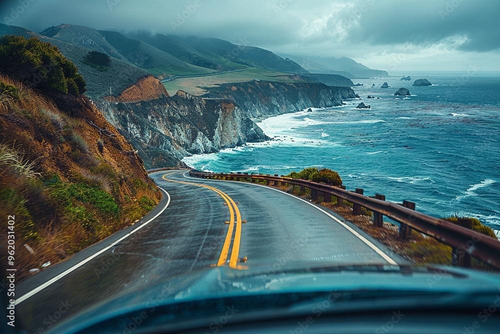 Aufkleber a dynamic point-of-view scene from inside a car driving along a scenic coastal highway. ocean views 