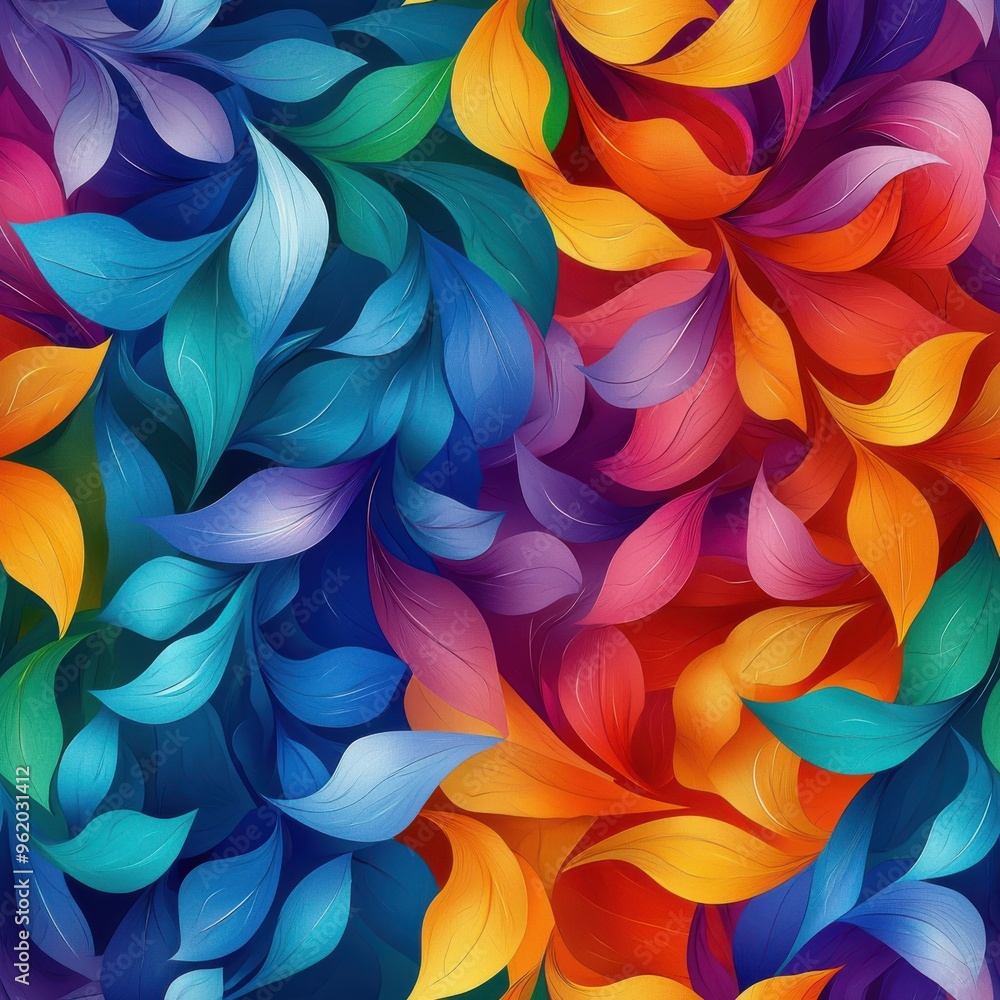 Poster vibrant abstract leaf pattern showcasing a blend of colors, perfect for backgrounds and artistic des