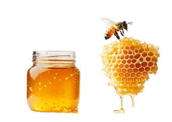 Bees cling to honeycombs floating in the air. There was a shiny golden honey jar next to it transparent background.
