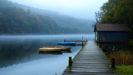 Obraz premium A tranquil lake scene with boats docked beside a wooden pier. Misty mountains create a serene atmosphere in the early morning.