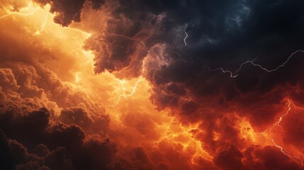Close-up of dark, menacing storm clouds forming on the horizon, with lightning streaking through and a dramatic contrast against the sky