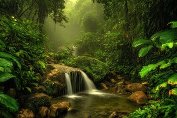 Obraz premium A tranquil scene of a waterfall cascading through lush, green foliage in a vibrant jungle. Nature's beauty all around.