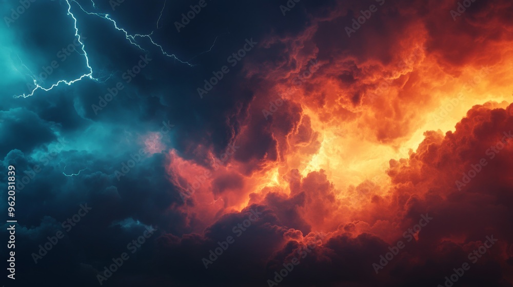 Poster close-up of dark, menacing storm clouds forming on the horizon, with lightning streaking through and
