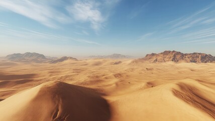 Fototapeta premium A vast desert landscape showcases endless dunes under a clear blue sky, evoking a sense of tranquility and isolation in nature.