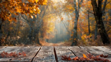 Autumn themed wooden table with forest backdrop for online advertising
