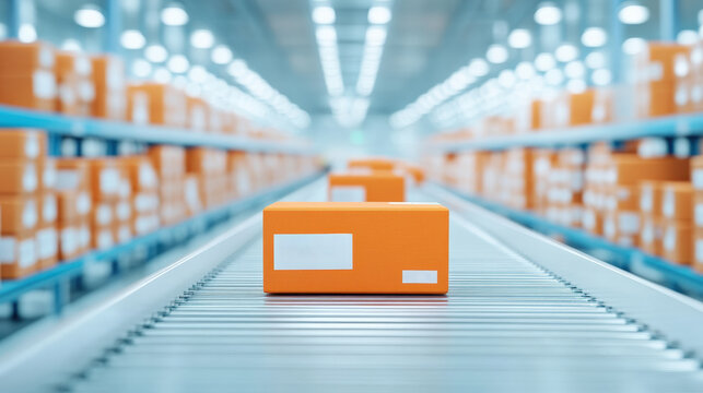 A clear view of an orange package on a conveyor belt in a modern warehouse, representing logistics and efficient supply chain management.