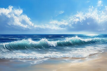 Ocean Waves Crashing on a Sandy Beach with Blue Sky and White Clouds