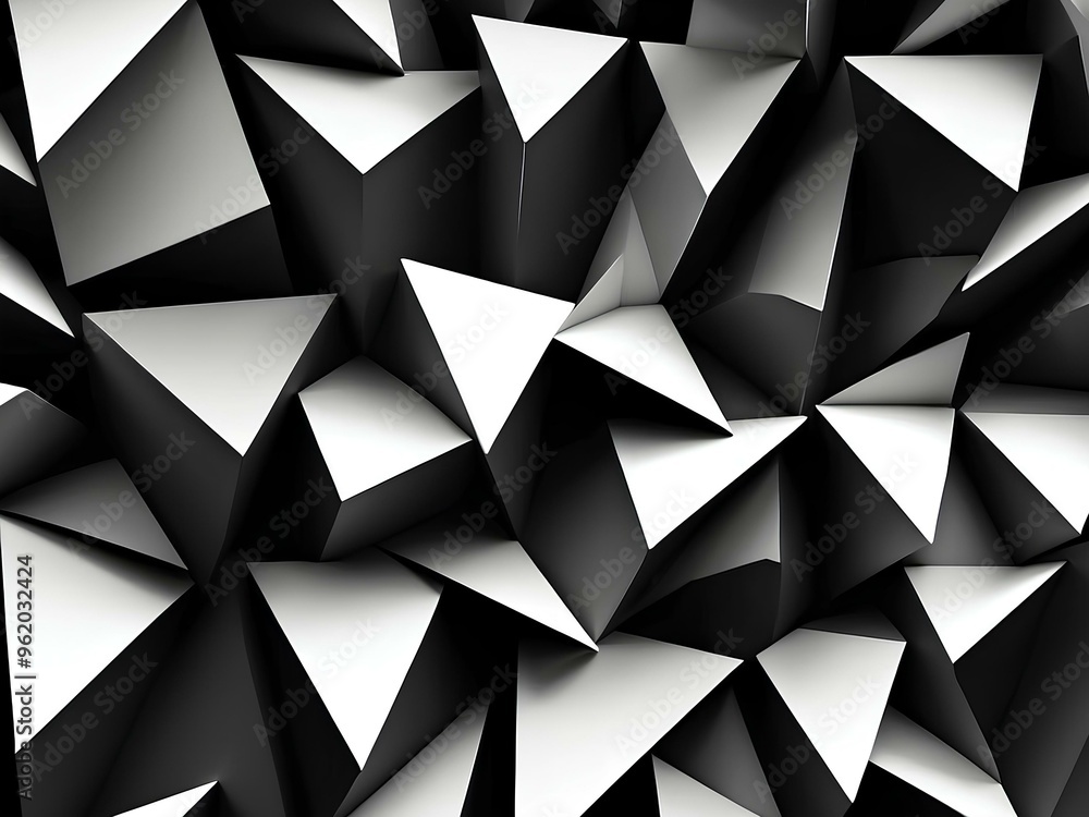 Poster abstract arrangement of geometric 3d shapes in a striking contrast of black and white, creating a se