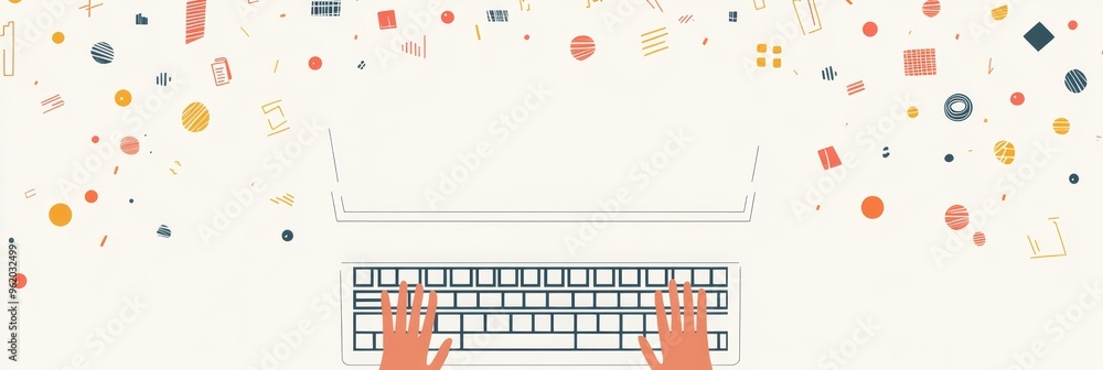 Poster Colorful hands typing on a keyboard with digital elements floating, representing digital work and creativity.