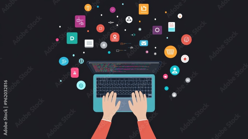 Aufkleber Hands typing on a laptop with colorful icons on a blue background. Concept of digital communication and coding.