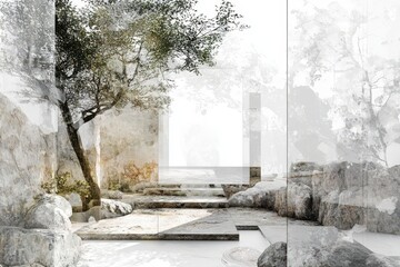 Abstract Composition of Stone, Water, and a Tree in a Minimalist Setting