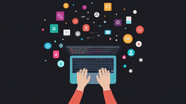 Hands typing on a laptop with colorful icons on a blue background. Concept of digital communication and coding.