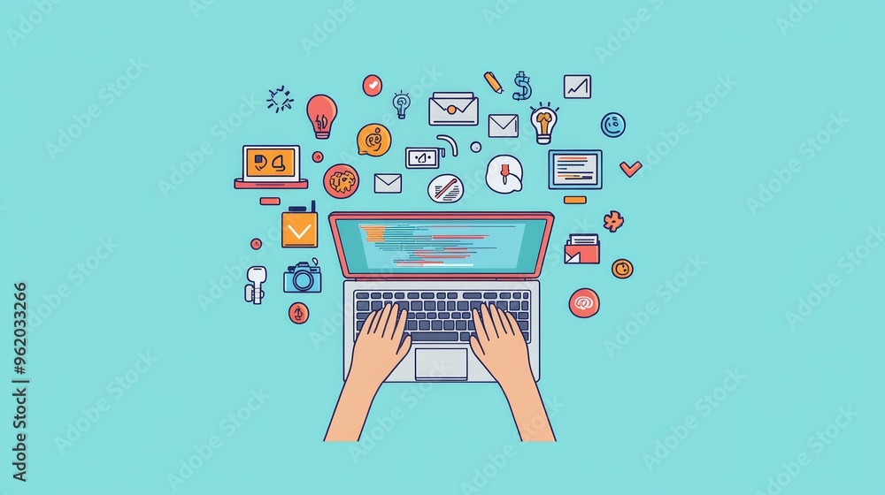 Poster Hands on a laptop with colorful icons floating above. Concept of software engineering and digital tools.