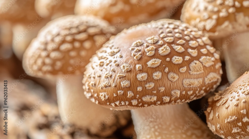 Poster close-up of shiitake mushrooms growing on a log or substrate, highlighting their natural growing env