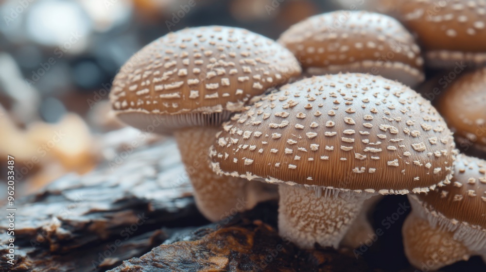 Poster close-up of shiitake mushrooms growing on a log or substrate, highlighting their natural growing env