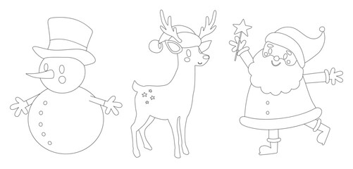 Coloring Vector Page of Funny Santa Claus, Cute Reindeer in Santa Hat and Chubby Snowman. Coloring Book Xmas Elements: Happy Santa, Cute Snowman and Little Deer. White Background.