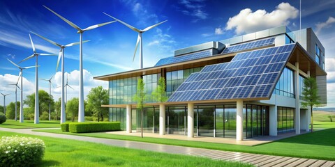 Obraz premium Sustainable Architecture Modern House with Solar Panels and Wind Turbines, Green Energy, Renewable Energy, Eco-Friendly