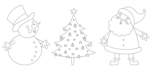 Coloring Vector Page of Santa Claus and Snowman Admiring the Christmas Tree. Coloring Book Xmas Elements: Happy Santa, Cute Snowman and Fir Tree with Baubles and Stars. White Background.