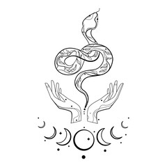 Esoterics and astrology concept Snake and hands with crescent moon and stars hand drawing line art design. Snake esoteric sketch for tattoo,fashion print,design element,textile,poster,cover.Vector