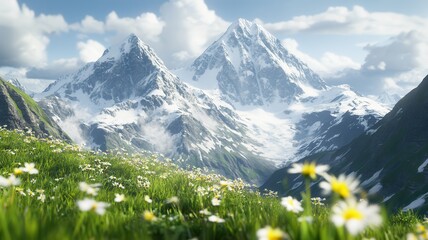 Fototapeta premium Breathtaking view of snow-capped mountains surrounded by vibrant flowers and fluffy clouds under a clear blue sky.