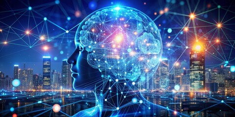 Obraz premium The Connected Mind A Digital Brain Over a Night Cityscape, AI, Technology, Future