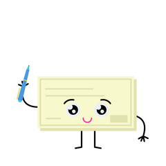 Cute bank check with pen. Character. Simple flat vector illustration.