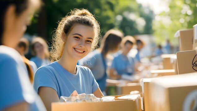 A joyful volunteer is organizing free food deliveries for the underserved. The humanitarian aid center is busy with community members and charity staff.
