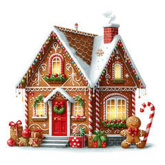Fototapeta premium Gingerbread house decorated with candies, snow, and holiday gifts. Christmas decorations with gingerbread man on a white background. Holiday watercolor cut out design concept.