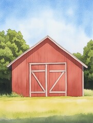Fototapeta premium A charming red barn surrounded by lush greenery under a bright blue sky, perfect for evoking rural nostalgia.