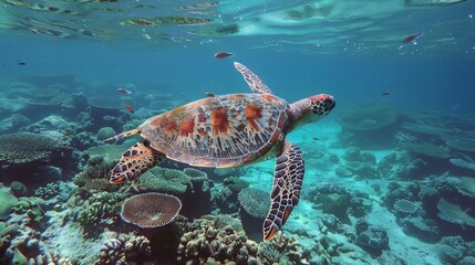 Sea Turtle Swimming Through Vibrant Coral Reef Underwater