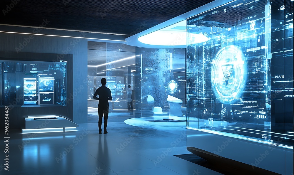 Poster futuristic interior with a person standing in front of a large data display