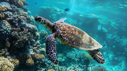 Sea Turtle Swimming Through Vibrant Coral Reef Underwater