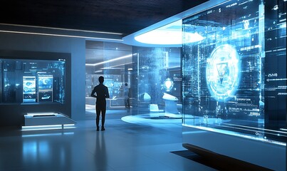 Futuristic Interior with a Person Standing in Front of a Large Data Display