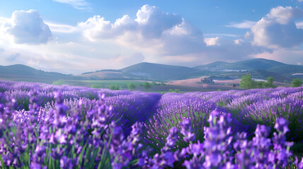 Fototapeta premium Purple Paradise at Dawn: A breathtaking vista of lavender fields bathed in the golden glow of sunrise, with rolling hills and a picturesque sky. 