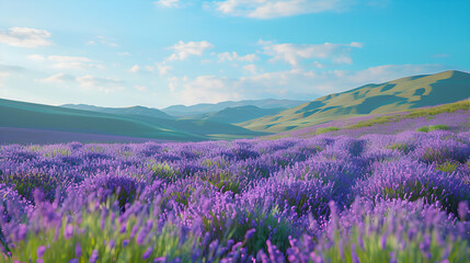 Fototapeta premium Lavender Fields Under a Summer Sky: A breathtaking panorama of purple lavender blooming in a rolling hillside, bathed in the soft light of a summer morning. The vast field stretches towards distant mo