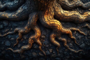 closeup of gnarled tree roots growing larger symbolizing strength and perseverance with earthy tones and intricate textures