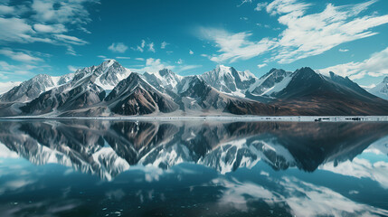 Serene Mountain Reflection: A breathtaking vista of snow-capped mountains mirrored in a tranquil lake, showcasing the beauty and serenity of nature, a perfect backdrop for tranquility, travel, and adv