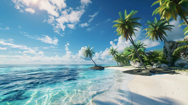 Paradise Found: Pristine white sand beaches meet crystal-clear turquoise waters under a vibrant blue sky, with swaying palm trees completing this idyllic tropical island scene.