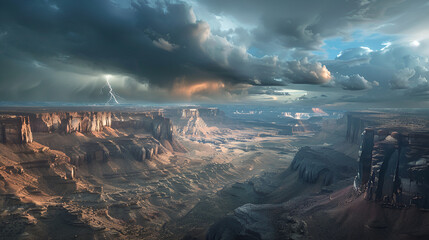 Canyon's Fury: A breathtaking aerial vista of a vast canyon, illuminated by the dramatic interplay of sunlight and storm clouds, with a bolt of lightning striking the distant landscape. 