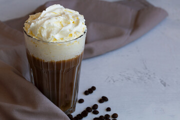cup of coffee with chocolate. coffee cocktail in American glass with whipped cream on dark background. Alcoholic or non-alcoholic cocktail with liqueur, whiskey, white cream. copy space.