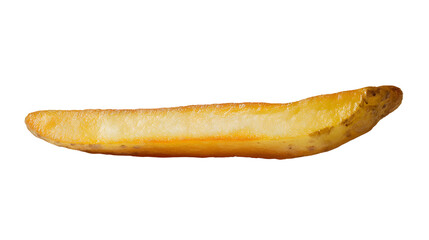 A single, thick-cut French fry with a golden-brown exterior and slightly rough surface, resting on a smooth white background, no shadows