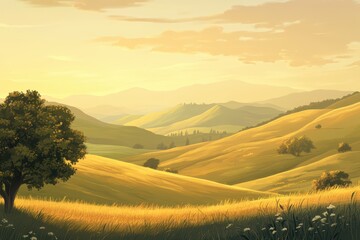 Obraz premium Golden Hills and Lone Tree at Sunset