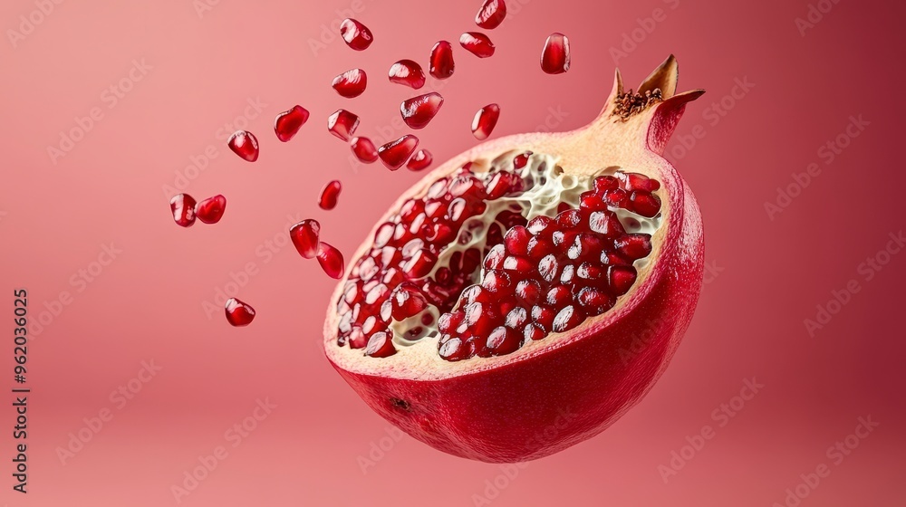Poster vibrant sliced pomegranate with red seeds floating in the air against solid color background - high-